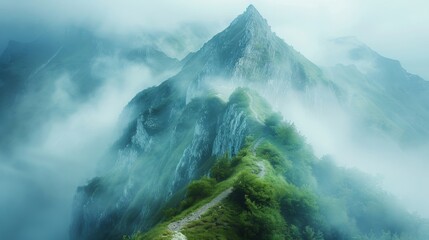 Majestic mountain range shrouded in mist, with a winding path leading to unknown adventures