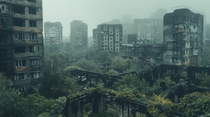 Nature has taken over the post-apocalyptic city, transforming its ruins into a landscape of overgrown vegetation