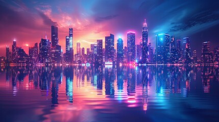 Reflecting on a glassy surface, neon-lit skyscrapers create a futuristic cityscape. - obrazy, fototapety, plakaty