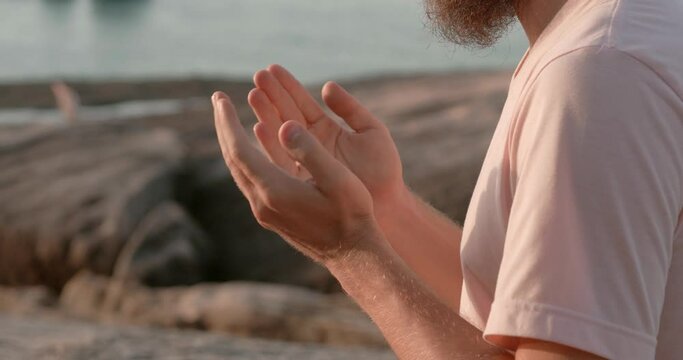 Yoga meditation namaste close-up serene nature sea background. Namaste gesture balance mental wellness Namaste reflecting healthy peaceful lifestyle Reverence signifies unity of existence.