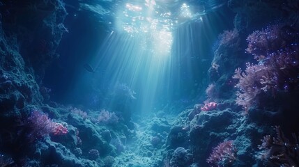 Within the magical underwater cavern, bioluminescent flora cast an enchanting glow, mesmerizing any who beheld its beauty - obrazy, fototapety, plakaty
