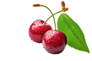 Cherry fruit. Fresh cherries with stem and leaves isolated on transparent background.
