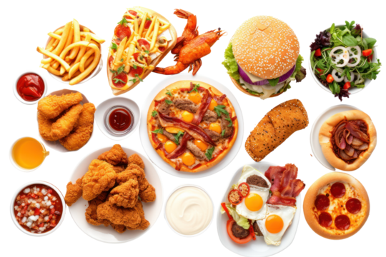 All fast food collection set Isolated on transparent background, fried chicken, fries, pizza, sandwich, chicken nuggets, eggs and bacon, shawarma, shrimp.