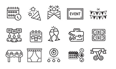 line icons related to event planning, organisation. Outline icon collection. Editable stroke. Vector illustration - obrazy, fototapety, plakaty