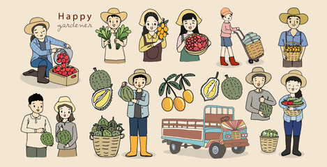 Set of different people holding fruit and vegetable. Man and woman with fresh vegetables and fruits isolated on white. Farmers and gardeners doing job. Hand drawn style vector illustration.