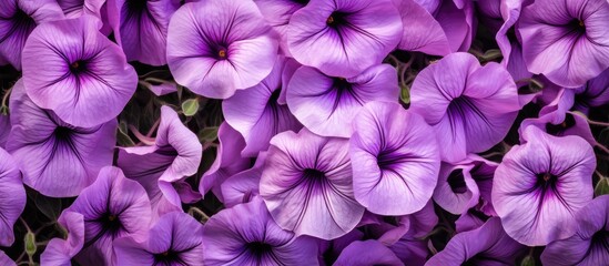 A collection of vibrant purple petunias bloom harmoniously in a vast field, creating a stunning display of natural beauty. The flowers stand out against the green backdrop as they proudly showcase - obrazy, fototapety, plakaty