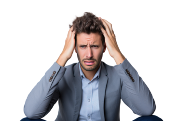 A young man feels stressed from work. Represents the emotions of stress and anxiety. Want to present content about stress stress management Mental state at work Isolated on transparent background.