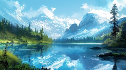 A serene mountain lake surrounded by untouched wilderness, reflecting the azure sky above.