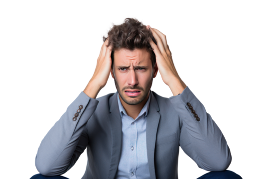 A young man feels stressed from work. Represents the emotions of stress and anxiety. Want to present content about stress stress management Mental state at work Isolated on transparent background.