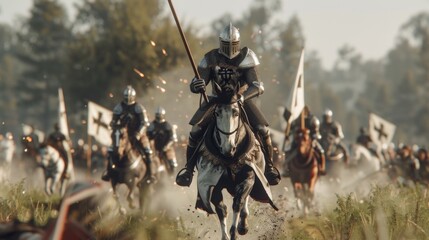 A Teutonic Knight on horseback charges through the battlefield his lance pointed towards the enemy.