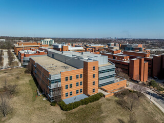 Aerial view of University of Maryland Baltimore County UMBC Catonsville admission office, pool, commons, quad, Honors college, admission office, retriever activities center, kuhn plaza, erickson field