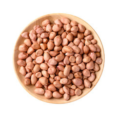Raw peanut in wooden bowl, top view