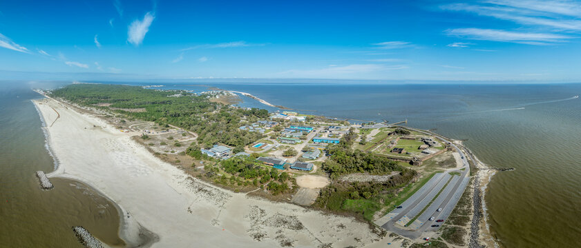 Aerial panoramic view of Fort Gaines on Dauphin island Alabama