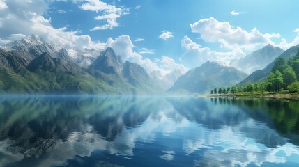A serene mountain lake with crystal-clear water, reflecting the surrounding peaks and the endless blue sky.