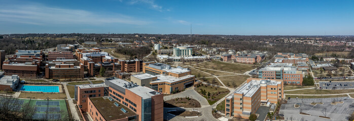 Aerial view of University of Maryland Baltimore County UMBC Catonsville admission office, pool,...
