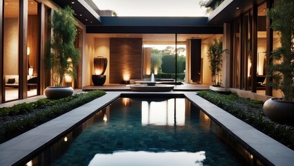 Integrate creative water features throughout the villa, such as reflecting pools, cascading waterfalls, or a contemporary fountain in the central courtyard