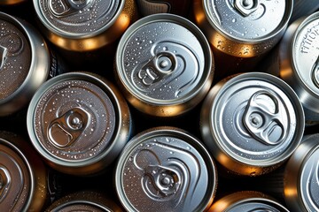 Bulk aluminum cans, soda can background view from above