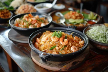Zelfklevend Fotobehang Variety of Thai food including Pad Thai with shrimp and Panang curry. Thai food © venusvi