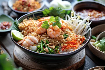 Fotobehang Variety of Thai food including Pad Thai with shrimp and Panang curry. Thai food © venusvi