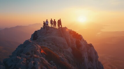 Business concept success, business cooperation, group of business people on the mountain top, soft morning light