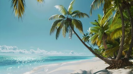 A stunning photorealistic of a tropical beach scene featuring swaying palm trees clear blue waters and a sunny sky Perfect for use as a computer desktop wallpaper or background