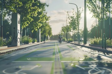A image of a bicycle lane at an intersection with trees in the background showcasing the integration of cycle infrastructure in city plans