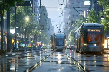 Fotobehang An urban city design using shinkansen er showing two trains parked in a city in the style of  with a busy street and many people where metropolis meets nature in inclement weather © Songyote
