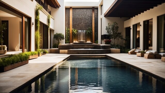 Integrate creative water features throughout the villa, such as reflecting pools, cascading waterfalls, or a contemporary fountain in the central courtyard