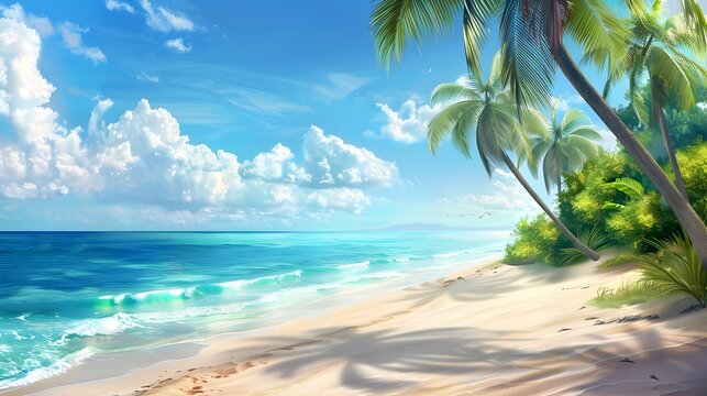 This image features a beautiful tropical beach and ocean scene available as a high definition wallpaper The painting is done in the style of digital airbrushing and speedpainting providing a detailed 