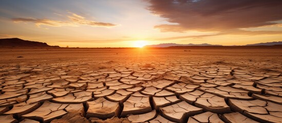 The sun dips below the horizon, casting a warm orange glow over a cracked and parched field. The dry, fissured land stretches into the distance under the fading light.