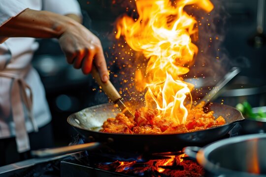 Professional chef hands cook food with fire in kitchen