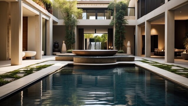 Integrate creative water features throughout the villa, such as reflecting pools, cascading waterfalls, or a contemporary fountain in the central courtyard