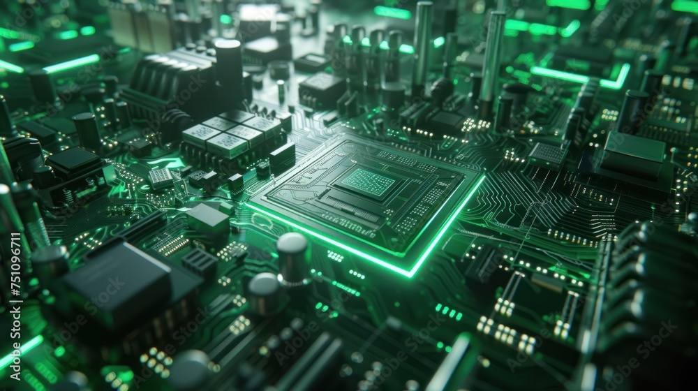 Fototapete green light circuit board. technology background computer central processor cpu concept motherboard 