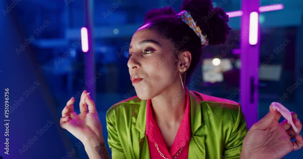 Leinwandbilder Computer, eating and neon with programmer woman in office at night for coding or developing. Face, dance or happy young game developer chewing bubblegum in workplace with virtual system update