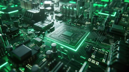 Green light circuit board. technology background computer central processor cpu concept Motherboard digital chip