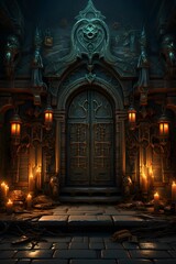 3D rendering of a fantasy halloween scene with a door