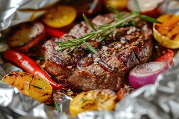 Delicious grilled steak with rosemary and vegetables baked in foil.