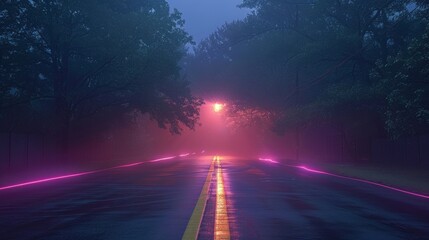 neon photo of road, trees looking up underglow pastel contrast, mist and smoke