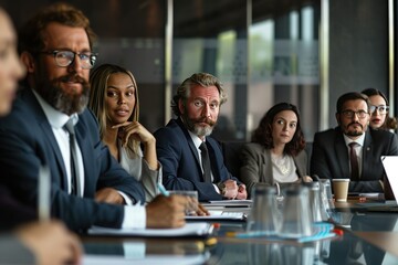 Male Caucasian businessman leader with diverse team of colleagues, group of executive managers at meeting Multicultural business professionals work together in a conference room. - obrazy, fototapety, plakaty