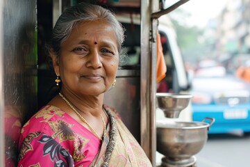 middle aged indian woman standing with street food truck - obrazy, fototapety, plakaty