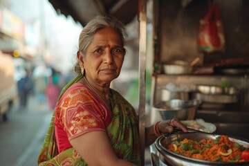 middle aged indian woman standing with street food truck