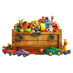 Wooden toy chest filled with colorful toys, isolated on transparent background, representing playful childhood memories.
