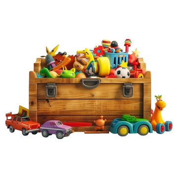 Wooden toy chest filled with colorful toys, isolated on transparent background, representing playful childhood memories.

