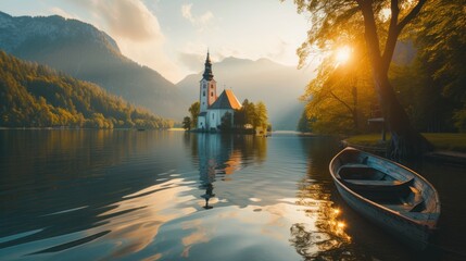 Naklejka premium Sunrise lake in Austria, boat, mountains, church, landscape, nature