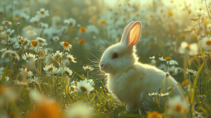 spring time landscape photo of a white rabbit in a lush spring meadow with tiny spring flows