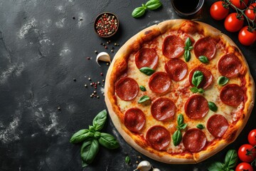 asty pepperoni pizza and cooking ingredients tomatoes basil on black concrete background. Top view of hot pepperoni pizza. With copy space for text. Flat lay.