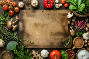 Top view. Cooking background, ingredients for preparing vegetarian food. Vegetables, roots, spices,...