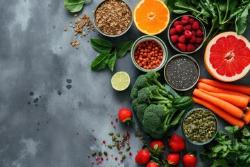 Top-down view of fresh fruits, vegetables, grains, leafy vegetables on gray concrete background.