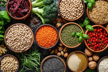 Top-down view: Vegetables, nuts, herbs, spices, nuts, grains, and lentils contain antioxidants and carbohydrates. healthy food - obrazy, fototapety, plakaty