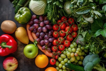 Heart shaped view from top to bottom with various fresh vegetables and fruits. healthy food concept - Powered by Adobe